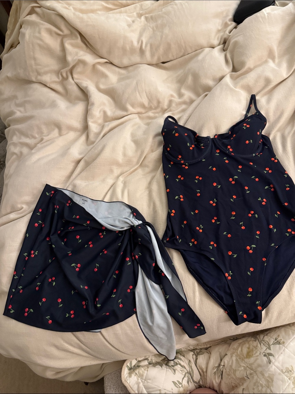 Old Navy Maternity Navy One-Piece Swimsuit with Red Cherry Print & Matching Wrap